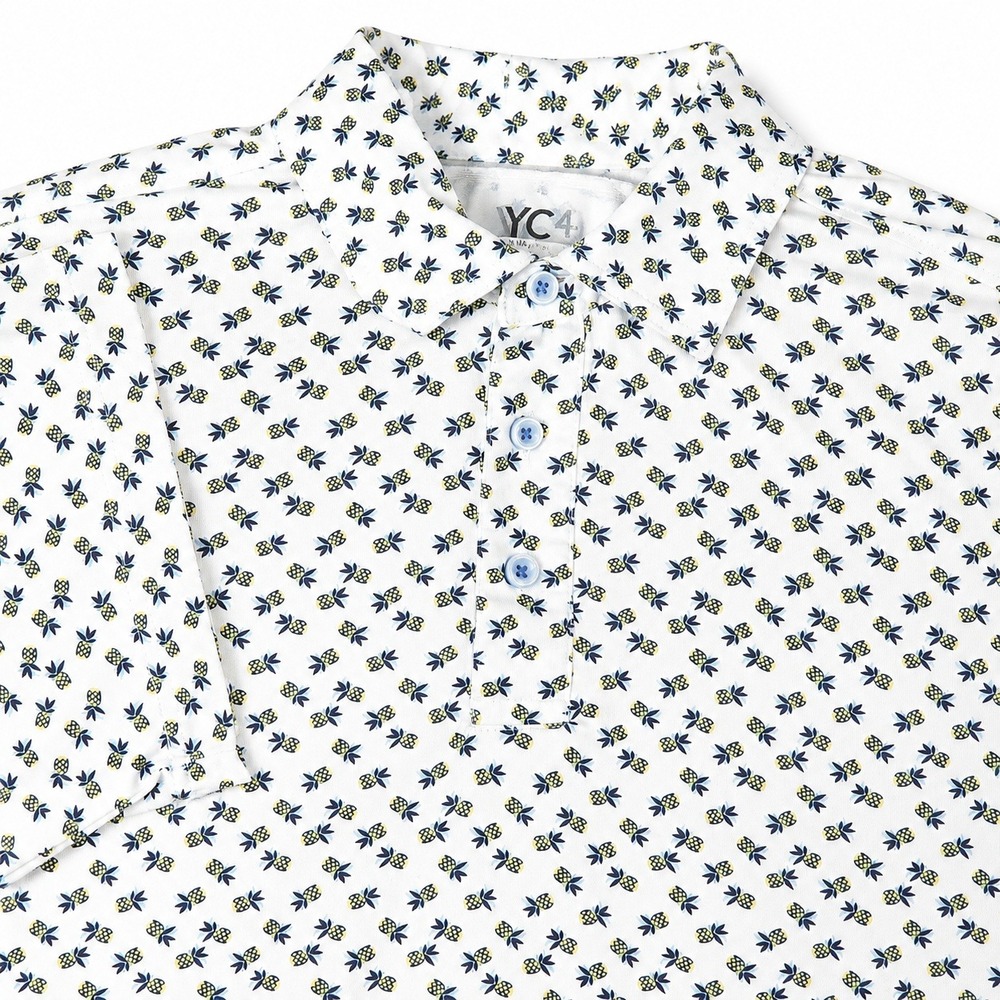 YC4 Polo Shirt Men's XL White Pineapple Print Short Sleeve Tropical Summer Golf